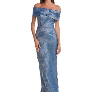 Teri Jon Blue Patterned Off-Shoulder Maxi Dress